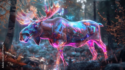 Iridescent moose in a mystical twilight forest - An iridescent moose captured in a breathtaking twilight forest, shining with otherworldly colors and lights