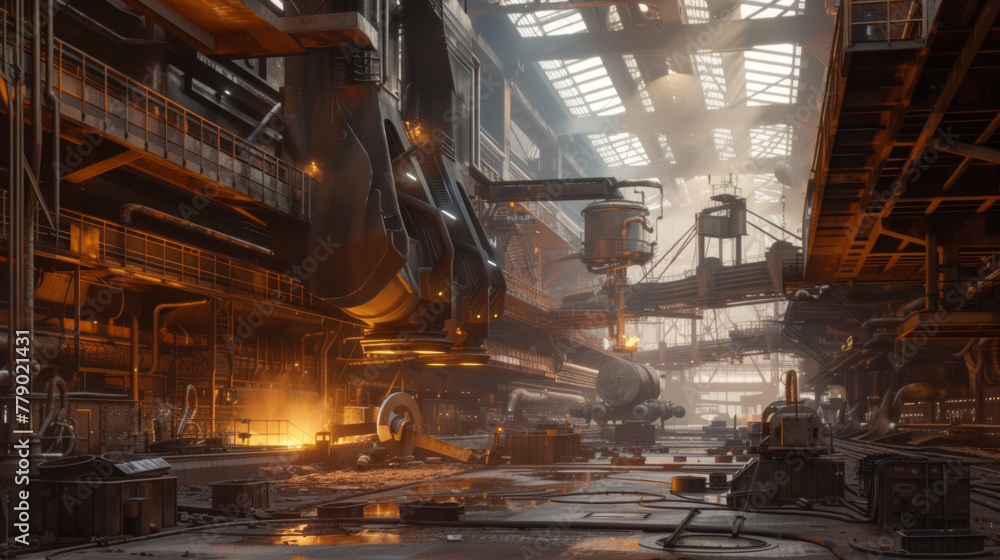 A massive steel foundry with melting furnaces and casting molds, temporarily dormant but capable of shaping molten metal into strong structures A massive steel foundry with melting furnaces and casting molds, temporarily dormant but capable of shaping molten metal into strong structures