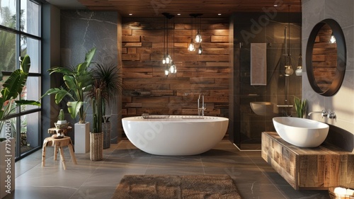 Luxurious modern bathroom with wooden elements - Elegant bathroom design equipped with a freestanding bathtub  double sink  and wooden accents for a contemporary  serene atmosphere