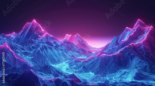 Stunning landscape with neon neon background and mountains. 3D render.