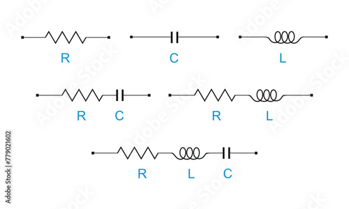 Vector illustration depicting different combinations of circuit elements and  electrical phase