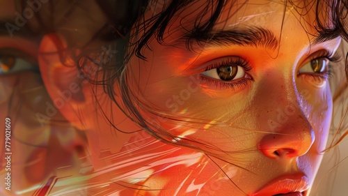 Abstract fiery portrait with blurred effect - The image showcases an abstract artistic portrait with a dynamic fiery palette and a surreal blurred transition effect