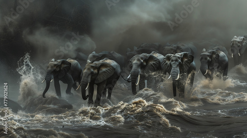 "River Crossing Herd" A dramatic scene of a herd of elephants crossing a turbulent river, their massive forms highlighted against a moody, darkened sky.