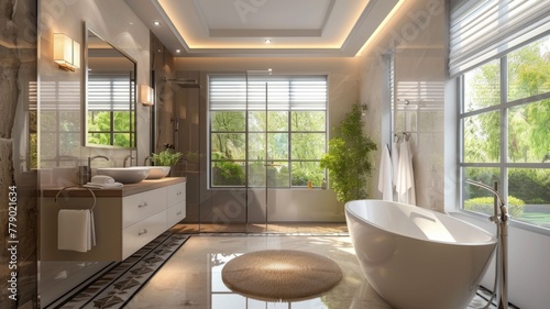Luxurious bathroom with a garden view - The bathroom shows a luxurious setup with a freestanding tub, glass shower, and a view of the green garden © Mickey
