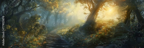 Mystical forest path illuminated by sunlight - This enchanting forest scene, bathed in golden sunlight, transports viewers to a world of fantasy and wonder © Mickey