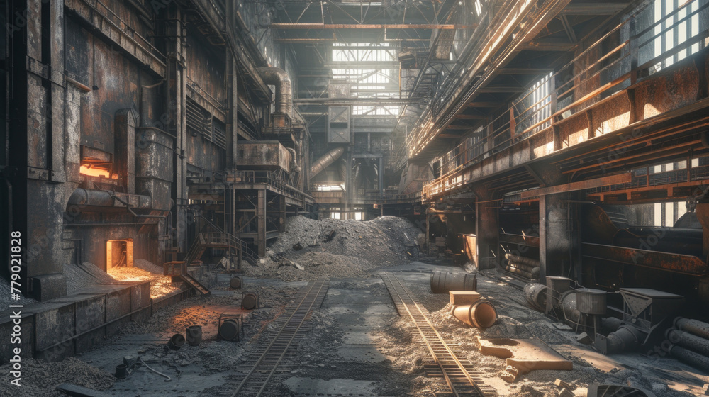 A massive steel foundry with melting furnaces and casting molds, temporarily dormant but capable of shaping molten metal into strong structures