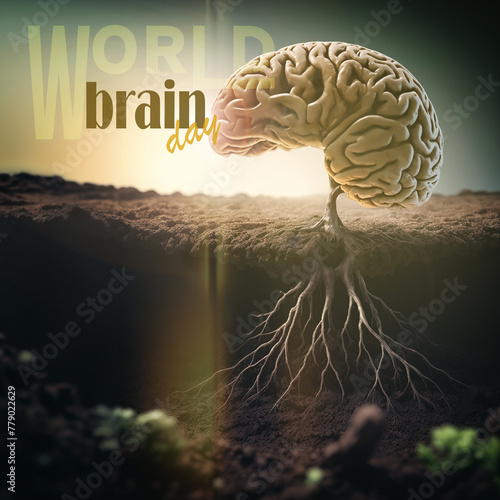 A poster for the World Brain Day. A human brain tree grows roots in the soil. 