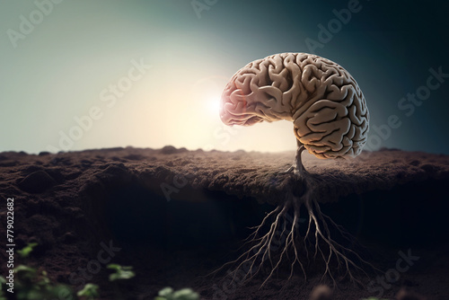 A human brain tree grows roots in the soil. There is a lot of text space beside it.