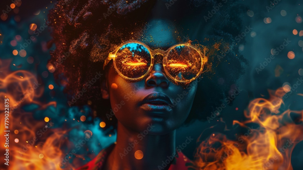 Woman with Fiery Eyes and Mystical Glasses in Vibrant Portrait