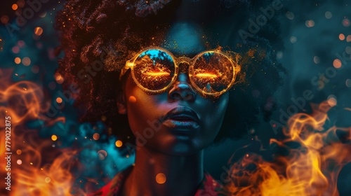 Woman with Fiery Eyes and Mystical Glasses in Vibrant Portrait