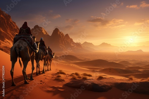 A caravan of camels with riders crosses the sultry desert  transporting goods on camels along a sand dune  nomadic life
