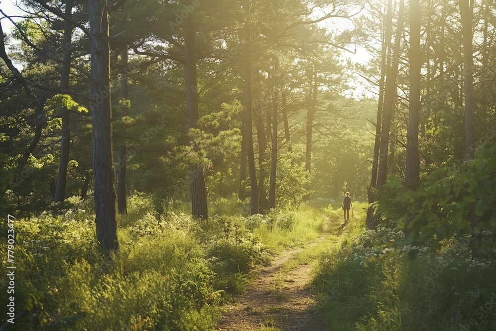 Obraz premium The sun shines through the trees along a woodland path. Generative AI