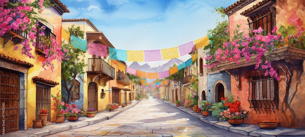 Fototapeta premium Cinco de Mayo decorated street, papel picado banners, fiesta decoration