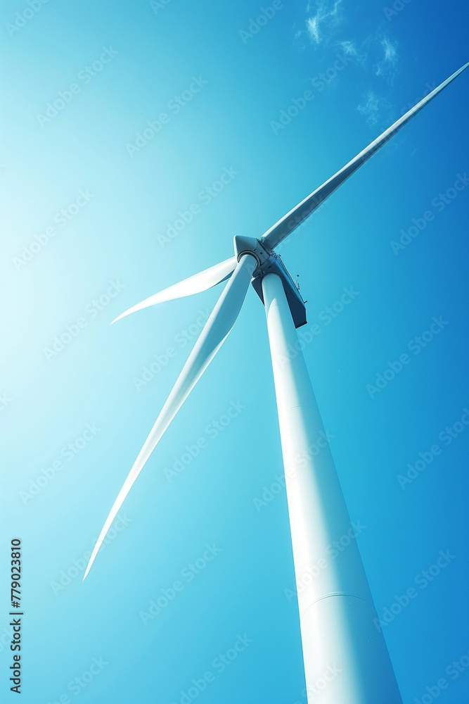 Closeup of wind turbine blades against a clear blue sky, symbolizing wind energy, sustainable development, minimalistic and powerful composition, futuristic dashboard menu
Closeup of wind turbine blades against a clear blue sky, symbolizing wind energy, sustainable development, minimalistic and powerful composition, futuristic dashboard menu