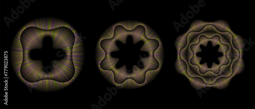 A display of vibrant, multicolored lines arranged in circular floral patterns in a vector illustration against a black background  ideal for frames, circular logos, symbols, and prints.