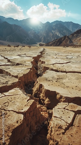 Expansive Earth Crack with Mountains and Blue Sky