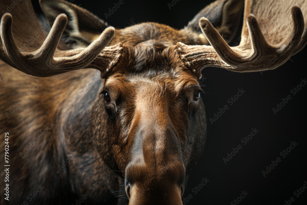A close up of a moose's head with a dark background A close up of a moose's head with a dark background
