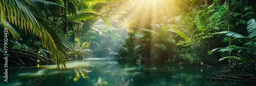 Illustration of a wild tropical jungle in muted green colors    bright sun rays penetrating through palm trees and plants  banner