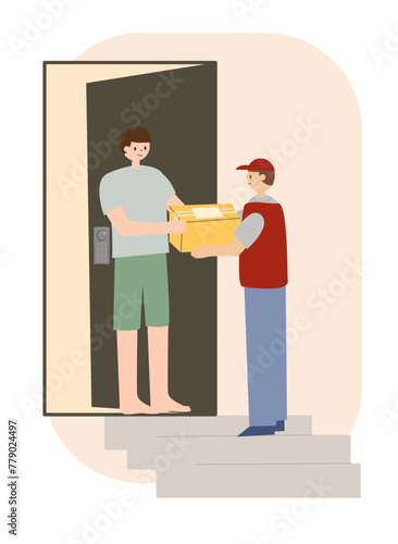 The man open his door for accepting a parcel box from delivery man.