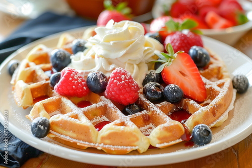 Detailed shot of a Belgian waffle, with toppings of fruits and cream, dessert cuisine, stock photo quality ,hyper realistic, low noise, low texture