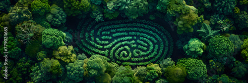 Aerial Top Down View of a Green Forest with Human Settlements,
A labyrinth with a labyrinth of trees and a symbol of the labyrinth.
 photo