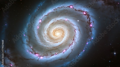 a colourful spiral galaxy in deep space. A view from space to a spiral galaxy and stars. Universe filled with stars, nebula and galaxy.