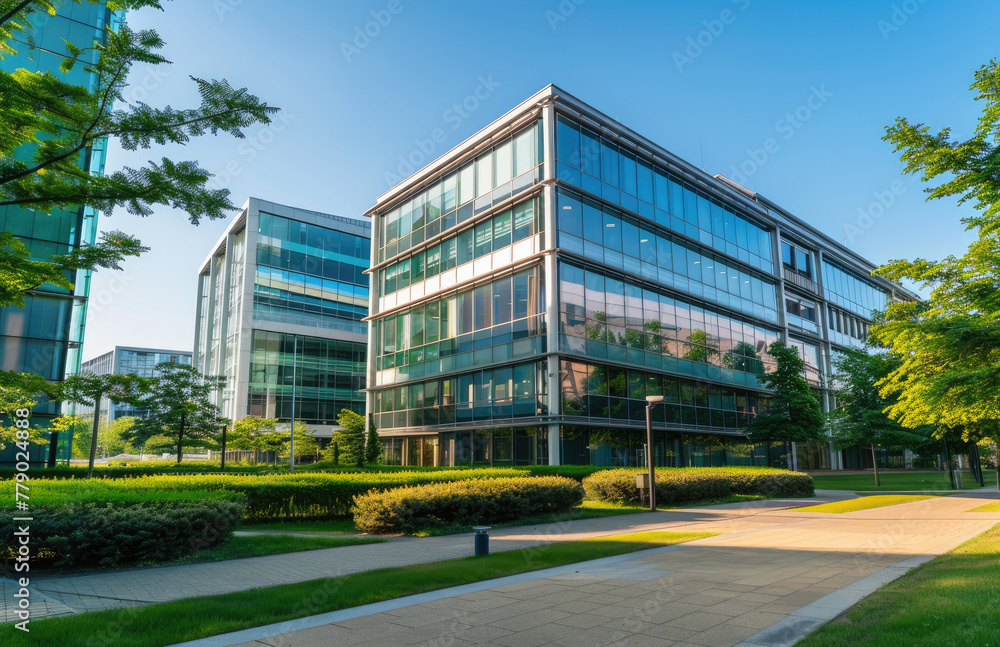 A modern office building with glass facades and green areas, set against the backdrop of blue sky on an idyllic summer day in Europe