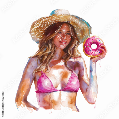 woman in a swimsuit and hat holding a donut watercolor paint