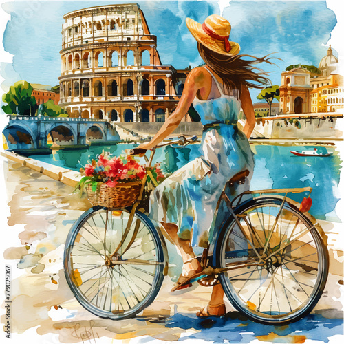 A painting of a woman riding a bike with a basket 