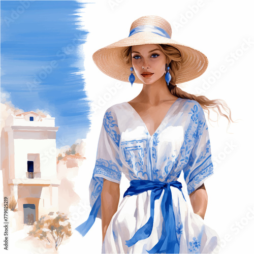 Painting woman in a blue and white dress and a straw hat