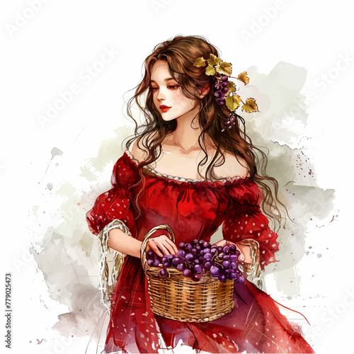  Woman in a red dress holding a basket of grapes watercolor paint 