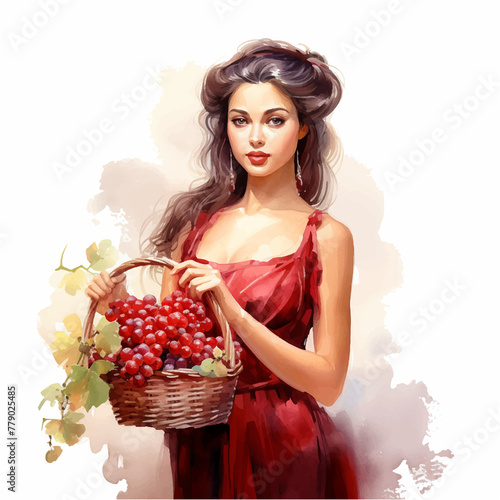 Woman in a red dress holding a basket of grapes watercolor paint 