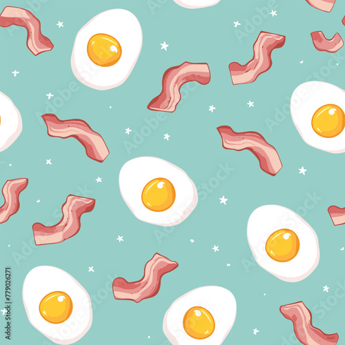 Playful eggs and bacon pattern, teal backdrop.
