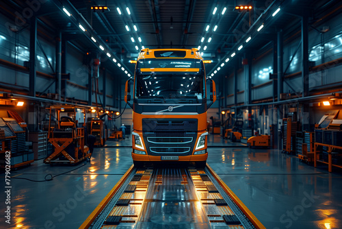 Front view of a yellow semi truck in a warehouse