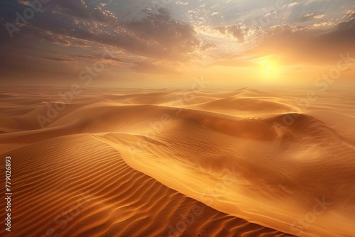 A sandy desert landscape, panoramic dunes background