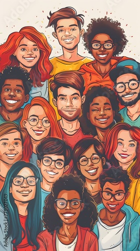 Diverse group of young people finding community and support in a colorful hand drawn