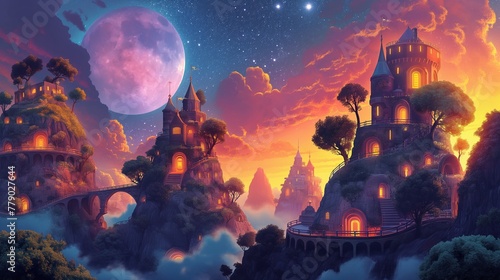 Fantasy Castles with Giant Moon in Twilight Sky