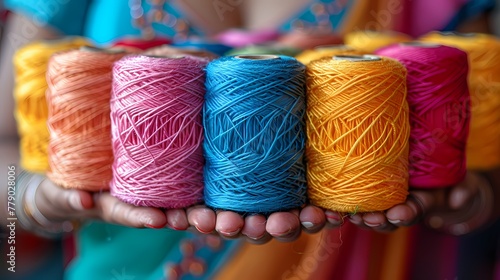 A close-up shot of hands holding a spool of colorful thread against a white backdrop, ready for kite flying during Basant