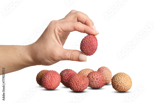 Female hand holding lychee fruit on white isolated background