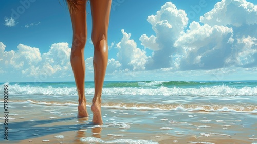 Beautiful female legs against the background of the sea and the beach. A trip to the sea. Walk along the seashore. Summer vacation. Sea tickets. Sea wave. Epilation of legs. Suntan cream.