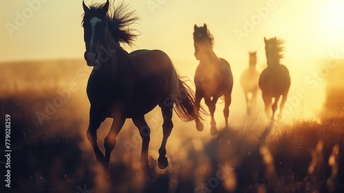 A close-up portrait silhouette of horses running on plains, the sun casting long shadows, highlighting their graceful movement
