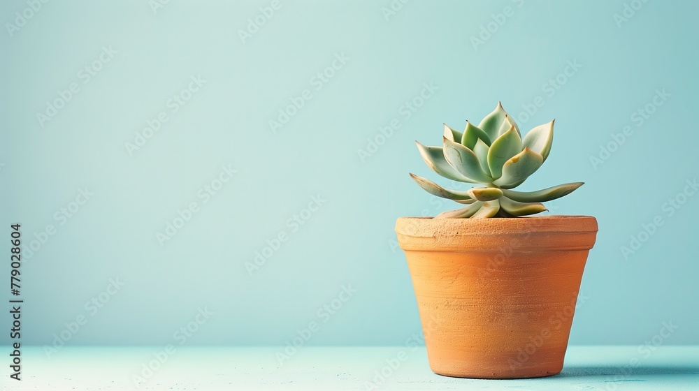 A lone succulent plant in a terracotta pot, set against a calming sky blue backdrop