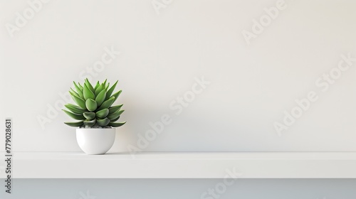 A lone succulent plant positioned on a clean, minimalist white shelf