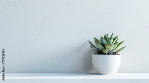 A lone succulent plant positioned on a clean, minimalist white shelf photo