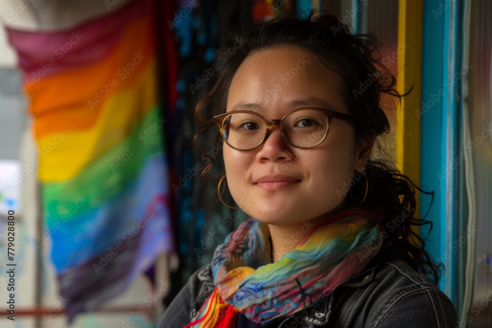Self confident trans person with lgbt flag on background. Self confident trans person with lgbt flag on background.