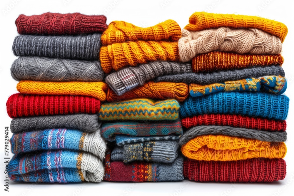 Colorful stacked knit sweaters on display