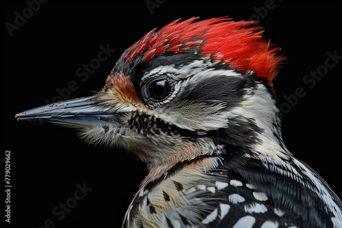 close-up of a woodpecker, its red crest and sharp beak are the focus of the image © mila103