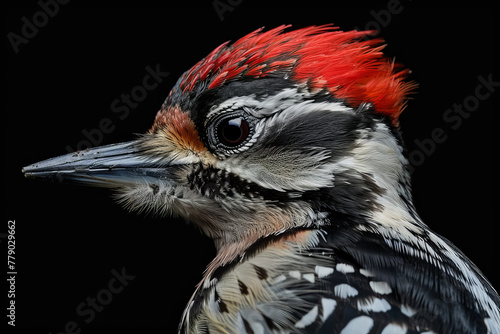 close-up of a woodpecker, its red crest and sharp beak are the focus of the image