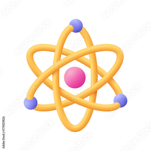 Atom, orbital electrons. Nuclear energy, scientific research, molecular chemistry, physics science concept. 3d vector icon. Cartoon minimal style.