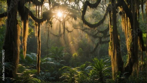 Enchanting sunlight filters through the dense canopy and fog of a lush, green forest, creating a mystical and serene atmosphere